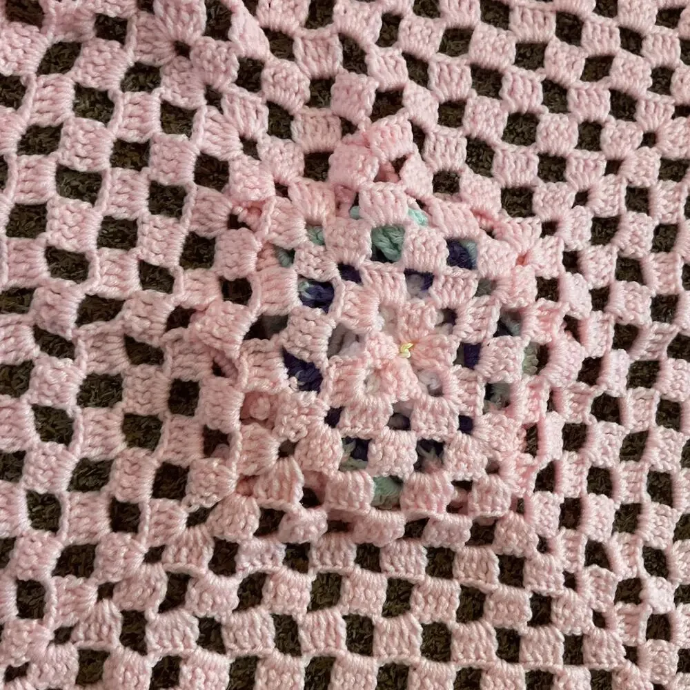 Handmade Crochet Baby Blanket Pink Pastel Flower Granny Square 29x29